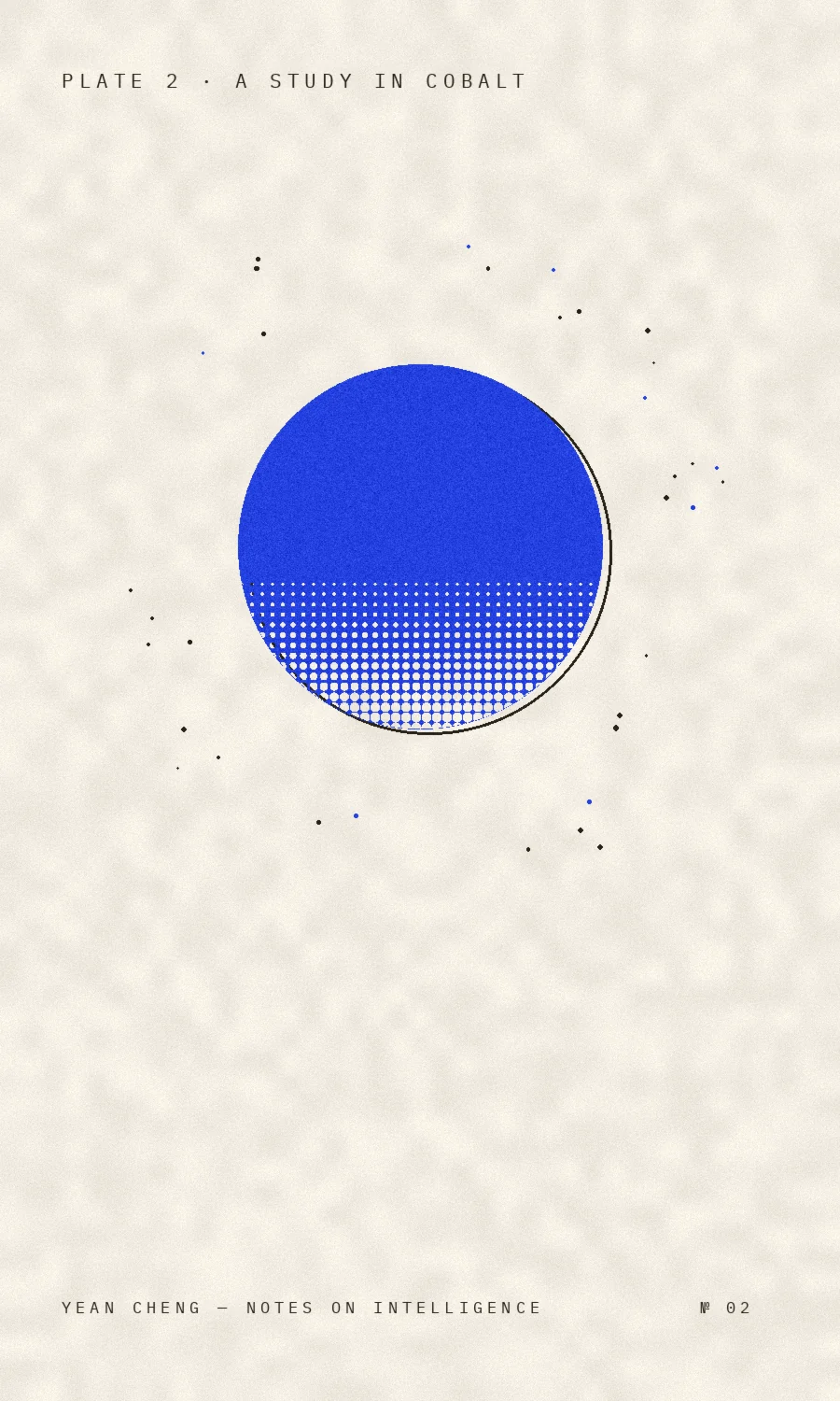 Riso print of a cobalt sun with a halftone fade and orbiting dots on aged paper