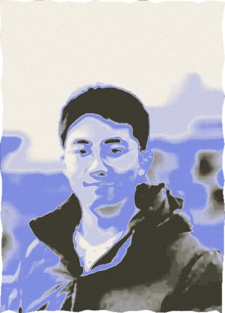 Screenprint-style portrait of Yean Cheng in cobalt and black ink on paper